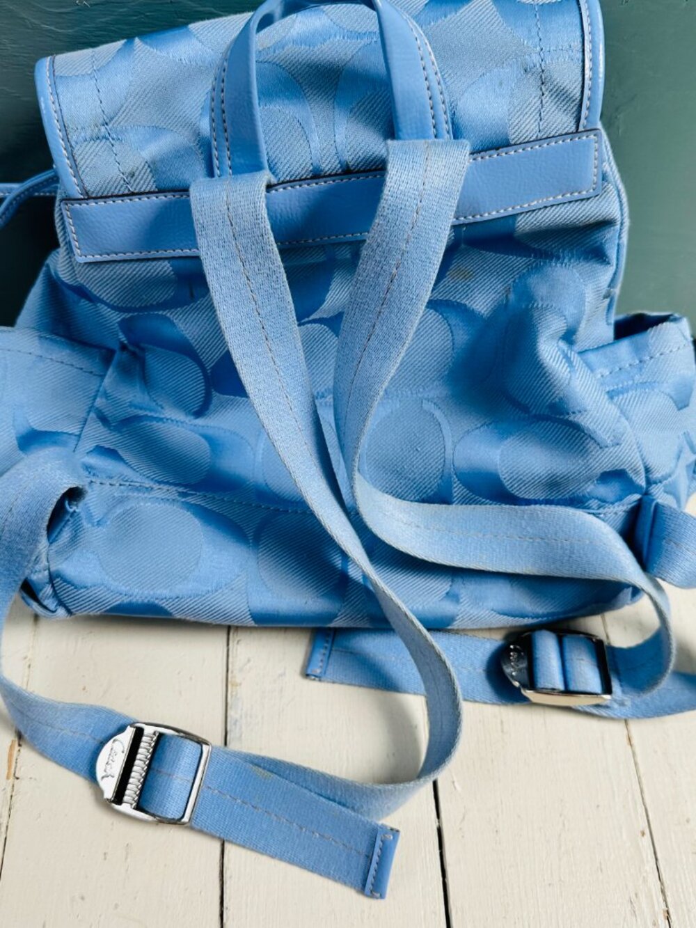 Coach Kyra Daisy Signature Backpack Blue Jacquard Flower Charm F16556 Rare Y2K - Picture 12 of 16